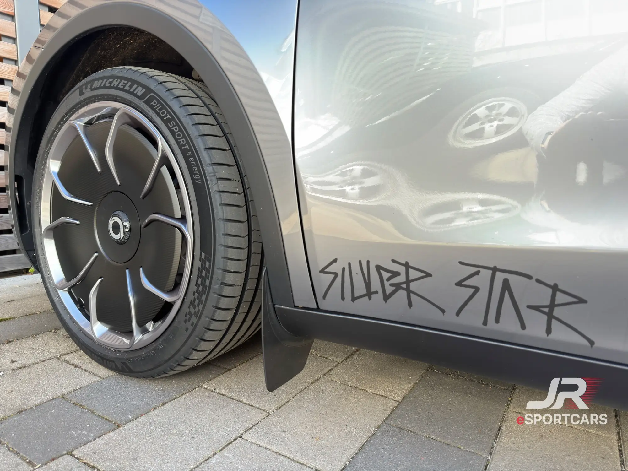 Silbergrauer Tesla Model Y Long Range „Silver Star“, Seitenansicht.