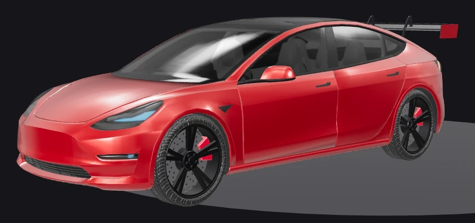 Rotes Tesla Model 3 „Red Devil“ als 3D-Modell mit Heckflügel, schräg von vorn.