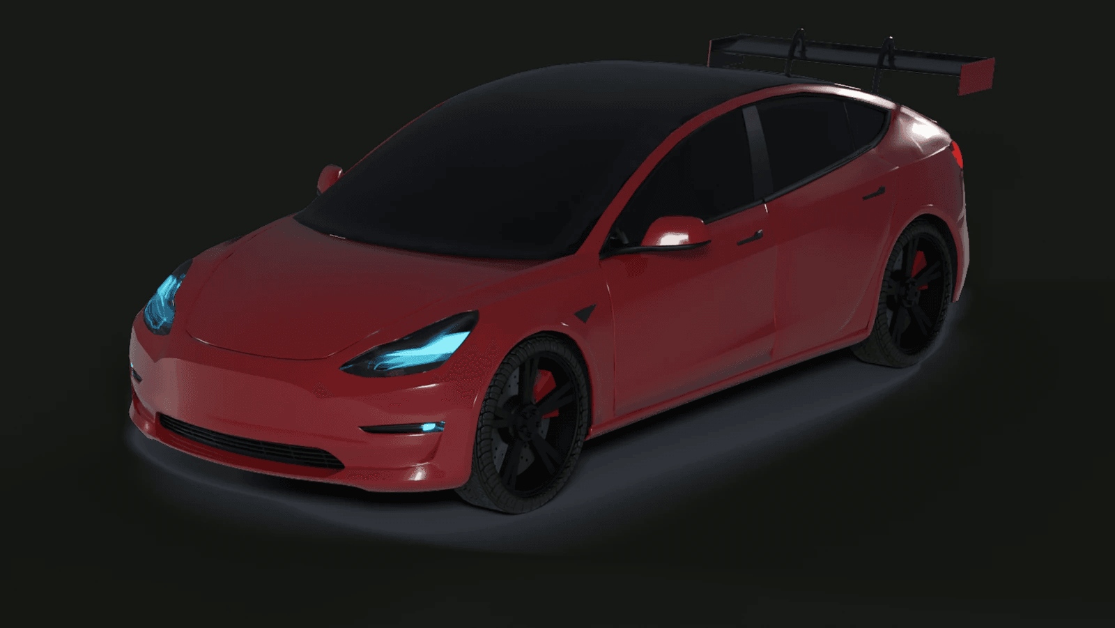 Rotes Tesla Model 3 „Red Devil“ als 3D-Modell mit Heckflügel, schräg von vorn.